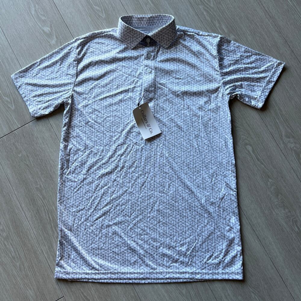 Collars & Co Dress Collar Polo Mens Small White Geo Print